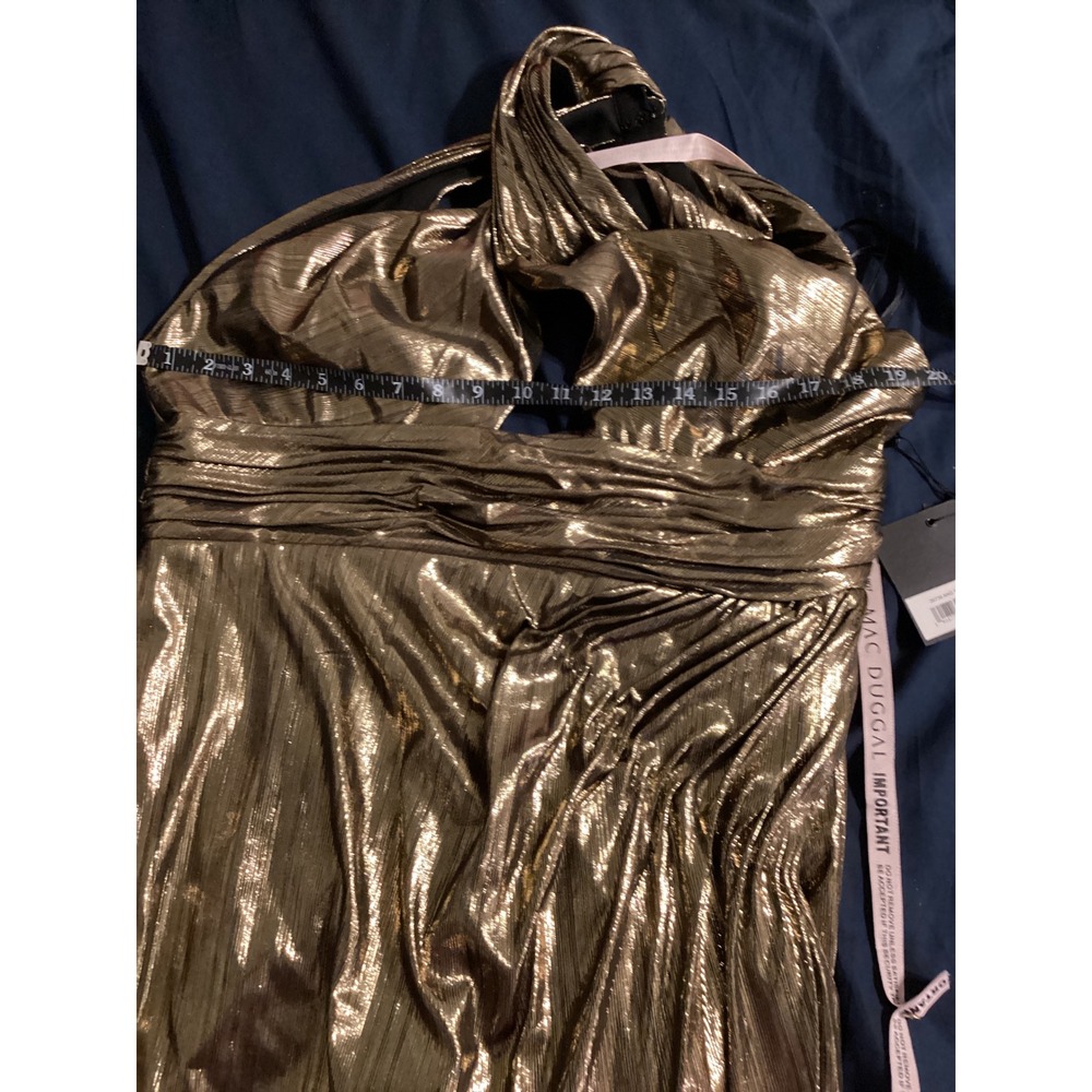 Ieena for Mac Duggal Gold Metallic Halter Gown High Slit Formal Dress 14 - Picture 8 of 11